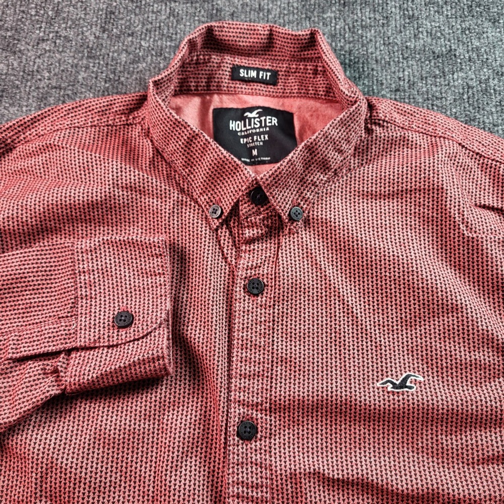 Hollister Mens Slim Fit Epic Flex Stretch Button‎ Down Shirt Red Black Pattern M